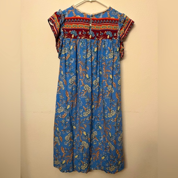 THML Anthropologie Blue Floral Fringed Trim Ruffled Cap Sleeve Short Dress - Picture 2 of 4